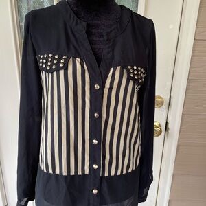 Black and Cream Button Down Shirt with Studded Detail
